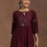 Wine Woven Design Rayon A-Line Kurti