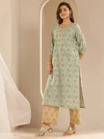 Green Printed Silk Straight Kurta