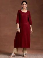 Red Woven Design Rayon Straight Kurta - Image 2
