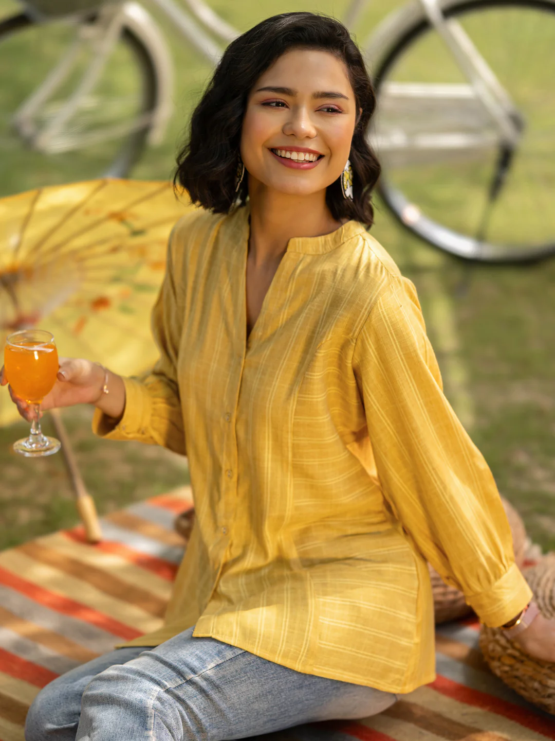 29355O_2Main.webp Yellow Woven Design Cotton Blend Straight Short Kurti - Image 1