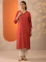 Rust Embroidered Silk Blend Straight Kurta - Image 4