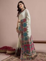 Off White Woven Viscose Saree with Unstitched Blouse - Image 3